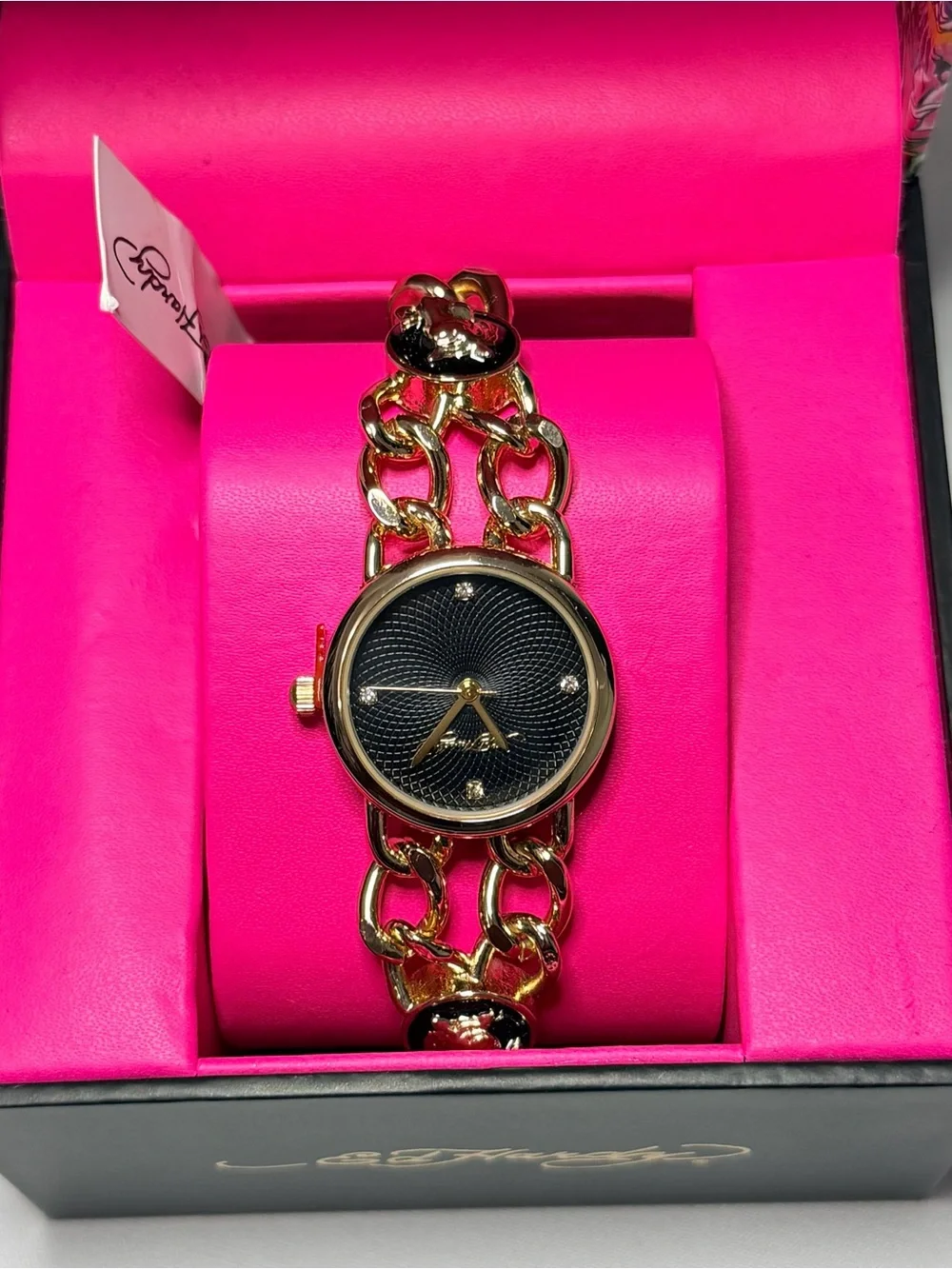 Ed Hardy Gold Chain-Link Women's Watch with Black Dial